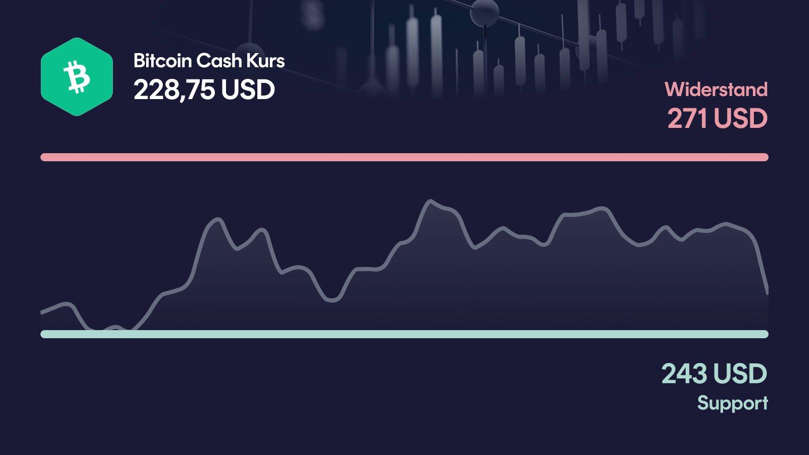 Bitcoin Cash-Kurs mit Support bei 228 USD und Widerstand bei 271 USD