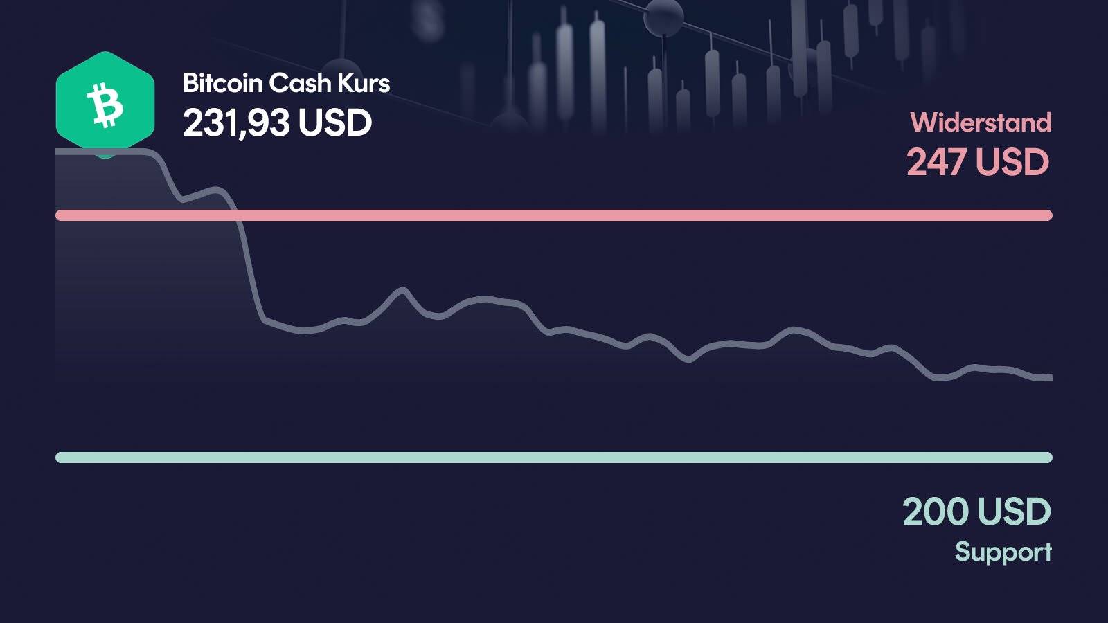 Bitcoin Cash-Kurs mit Support bei 200 USD und Widerstand bei 247 USD