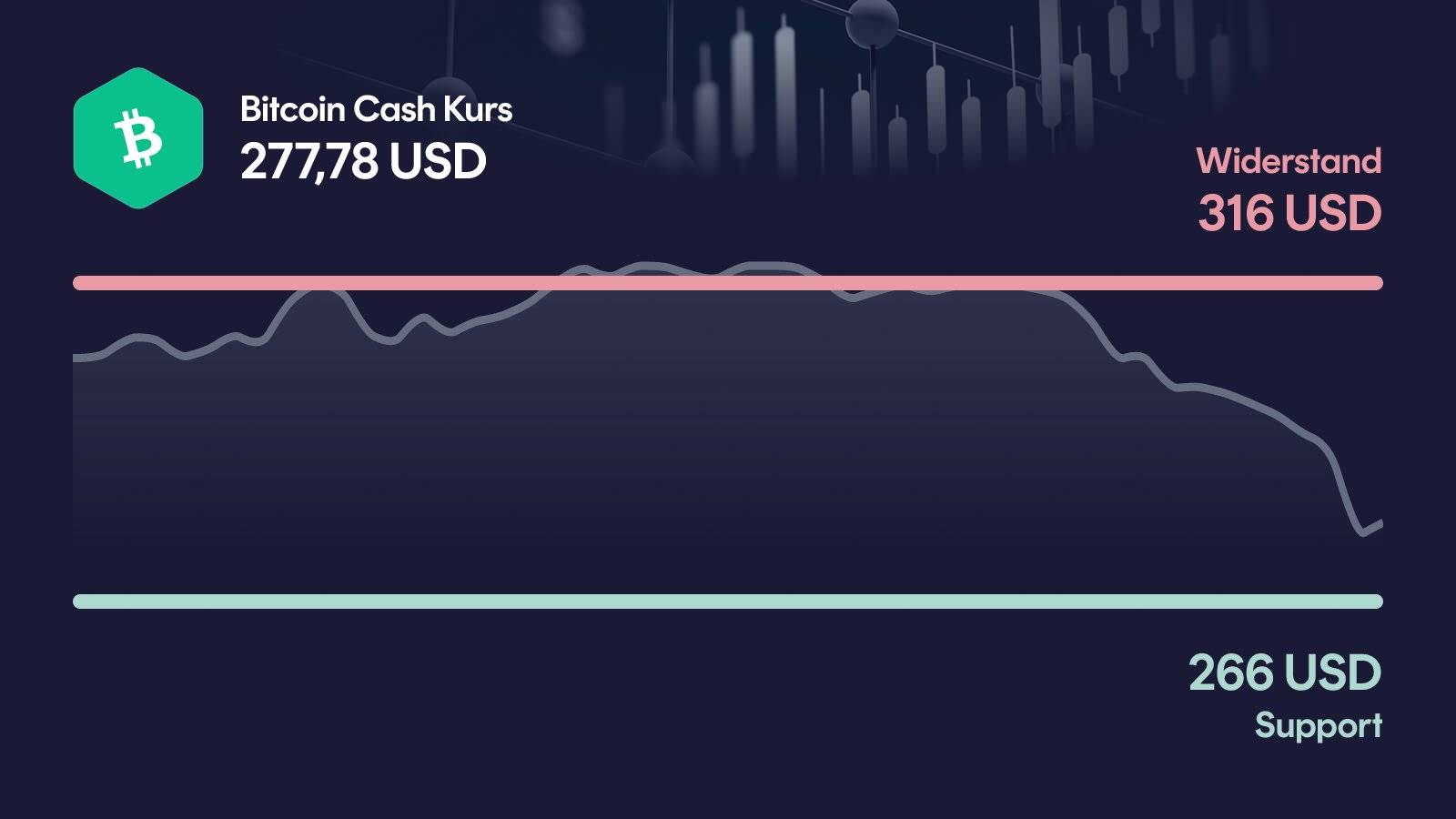 Bitcoin Cash-Kurs mit Support bei 266 USD und Widerstand bei 316 USD