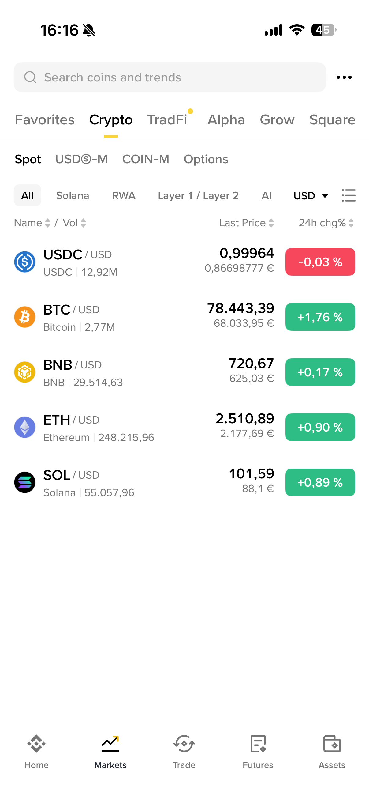 Marktüberblick in der Binance App