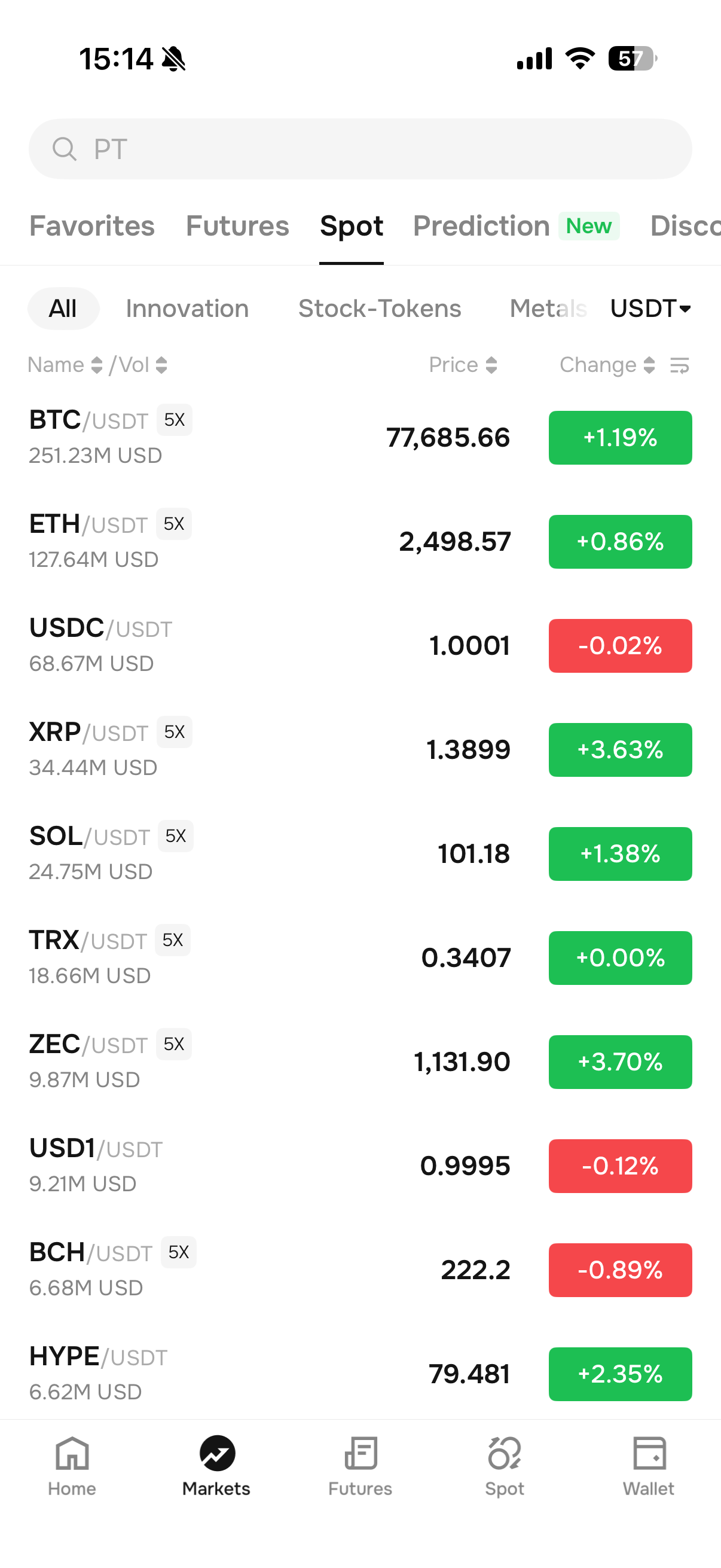 Marktüberblick in der Phemex App