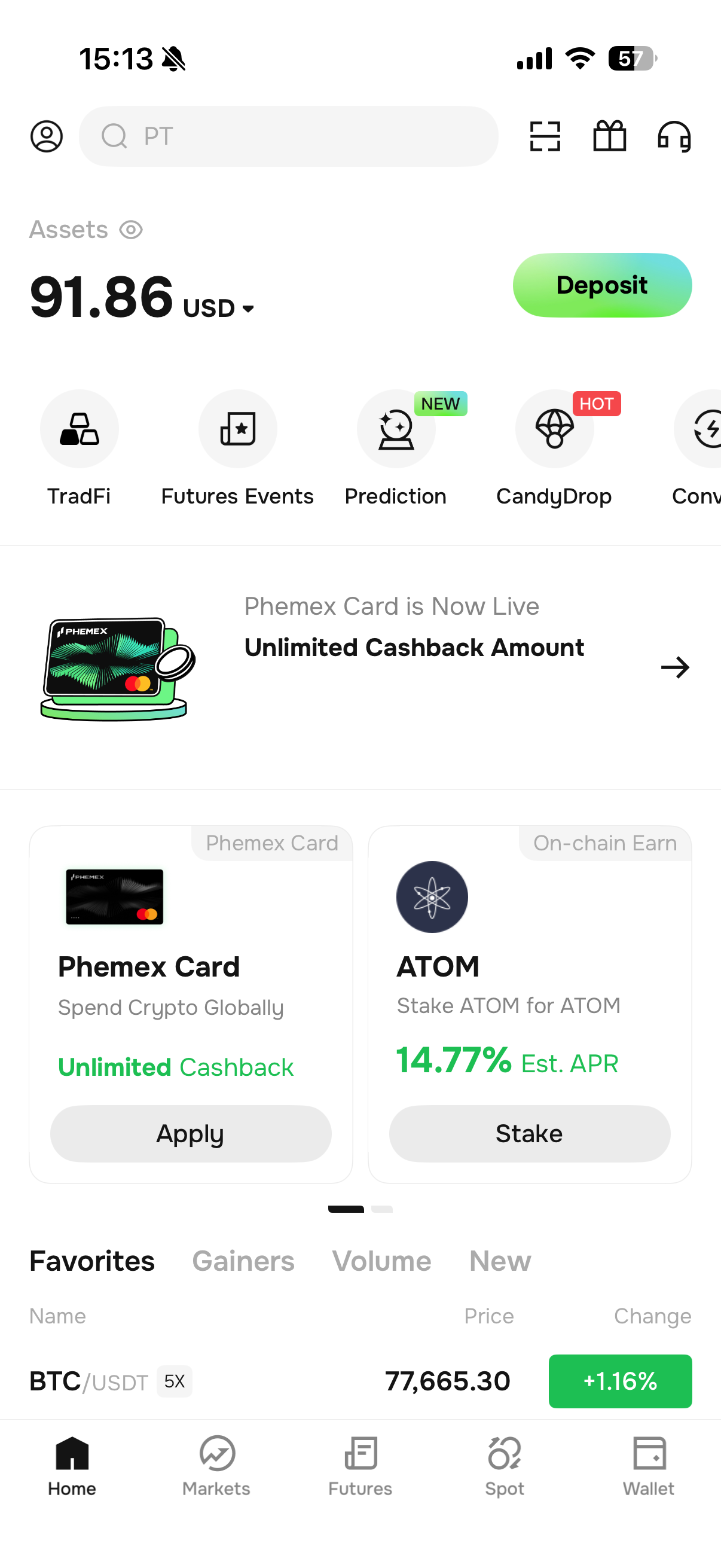 Portfolio in der Phemex App